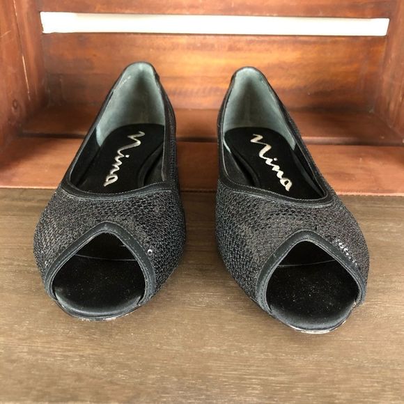 Nina Black Sequined Open Toe Kitten Heels - Picture 2 of 8